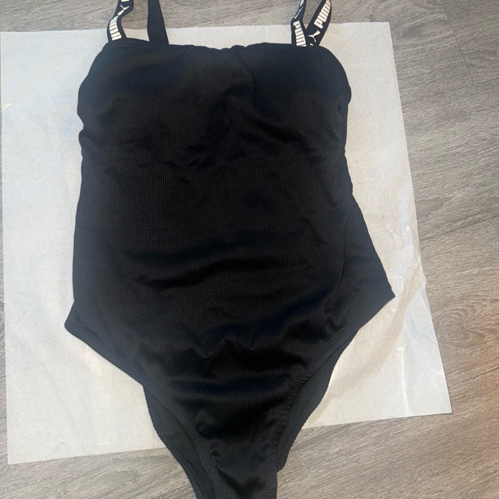 Puma ribbed Black One-Piece Swimsuit with Logo Straps